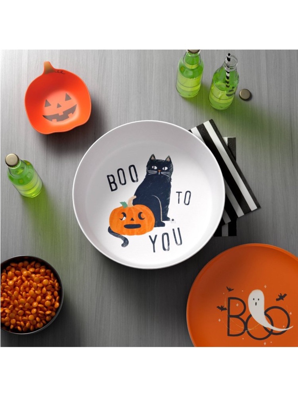 Halloween Cat & Pumpkin Serving Bowl - White and Orange Halloween Candy Bowl
